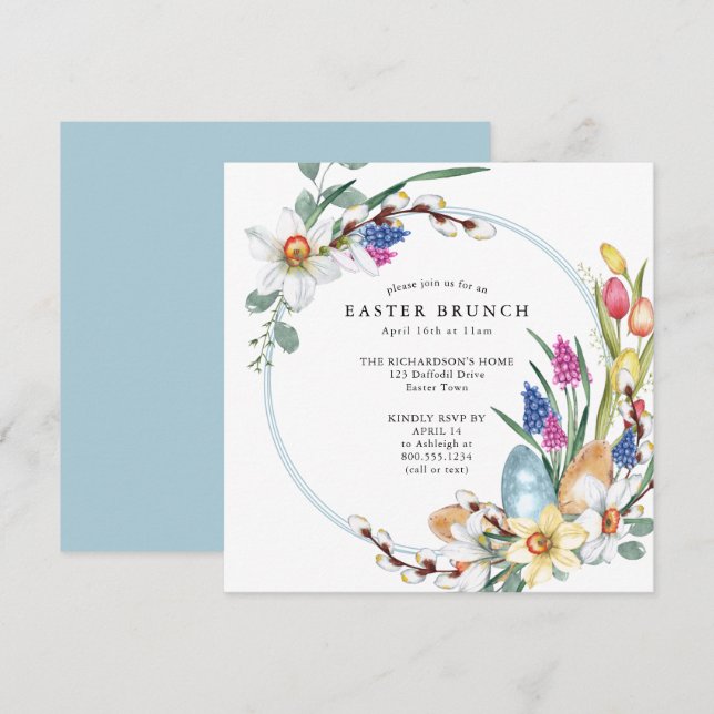 Invitación Daffodil y Plaza de Brunch de Pascua Floral de Pri (Anverso / Reverso)