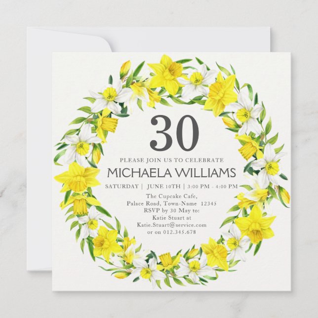 Invitación Daffodils blancos amarillos conmemoraron los 30 añ (Anverso)