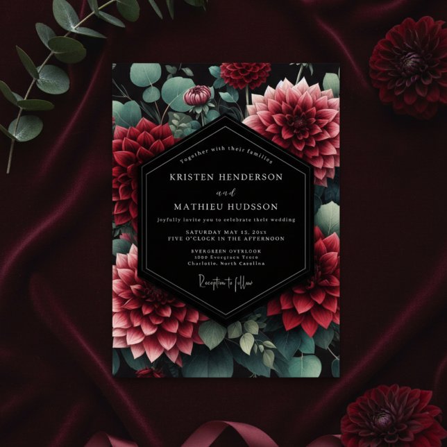 Invitación Dahlia Botánica de Boda Rojo Profundo (Subido por el creador)