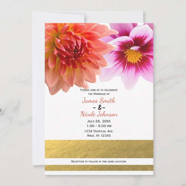 Invitación Dahlia de verano de coral y rosa florida Boda flor (Anverso)
