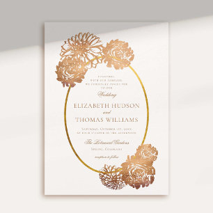Invitación Dahlia Floral Art Sketch Copper Gold Fall Wedding