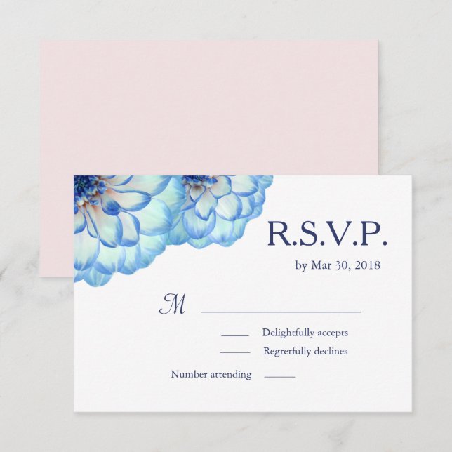 Invitación Dahlia flores azul blanco rosado boda floral RSVP (Anverso / Reverso)