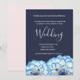 Invitación Dahlia flores azul marino blanco rubor rosa boda