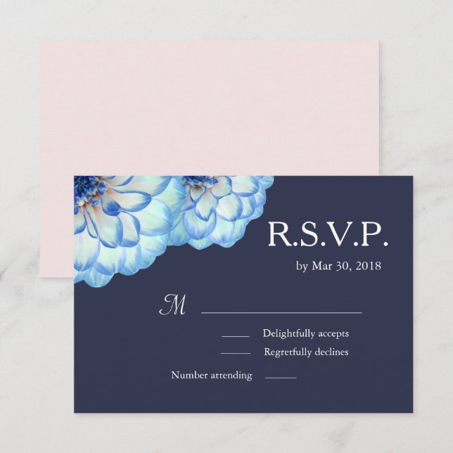 Invitación Dahlia flores boda floral azul marino RSVP (Anverso / Reverso)