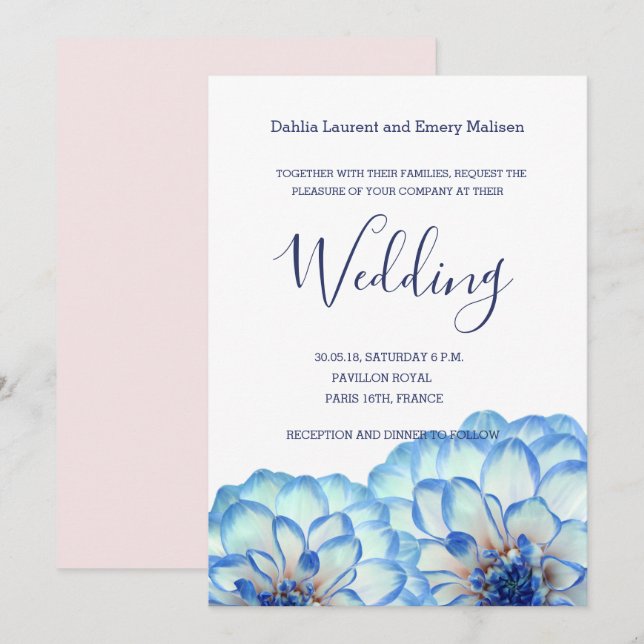 Invitación Dahlia florida azul blanco rosa boda (Anverso / Reverso)