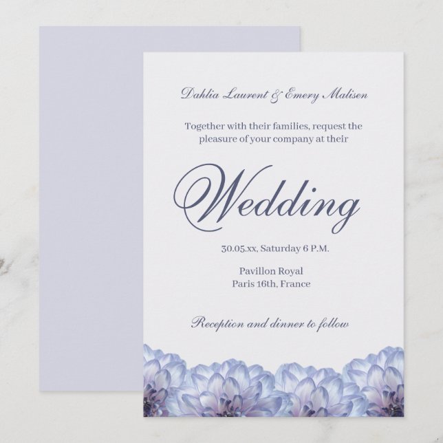 Invitación Dahlia Flowers Lilac Blue Elegal Boda Floral (Anverso / Reverso)