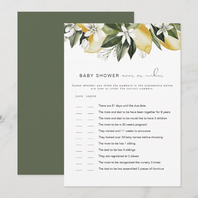 Invitación DAHLIA Lemon Over Under Baby Shower Game (Anverso / Reverso)