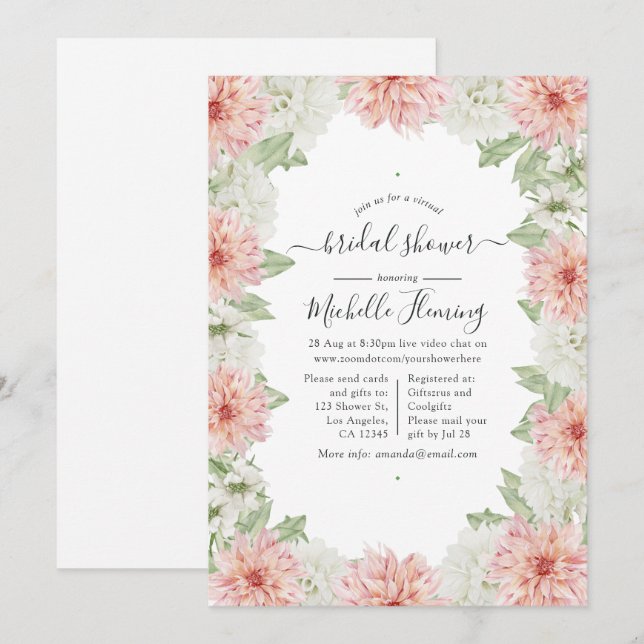 Invitación Dahlia Rosa Pastel para Despedida de Soltera (Anverso / Reverso)