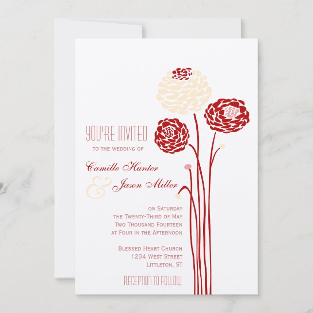 Invitación Dahlia simple - Boda rojo metálico (Anverso)