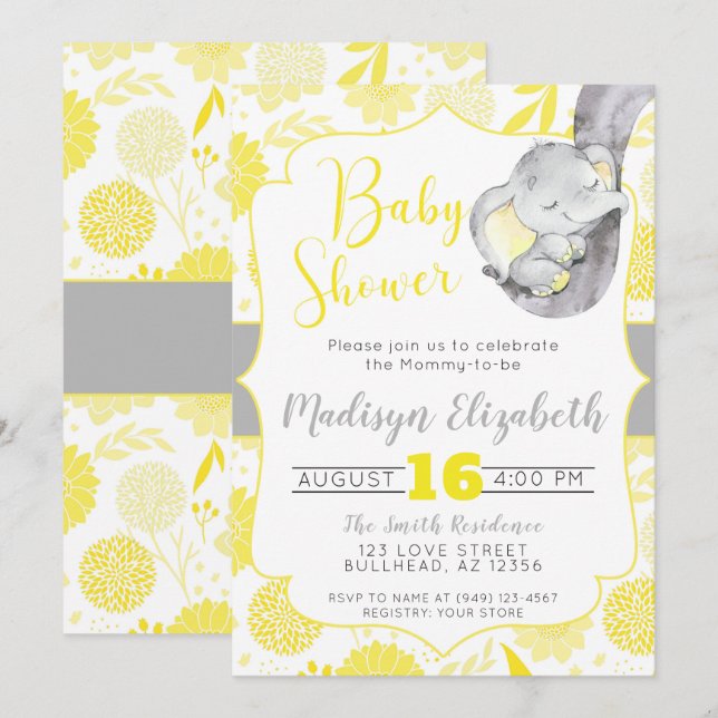 Invitación Dahlias Amarillas bebé elefante niño Baby Shower (Anverso / Reverso)
