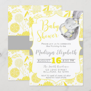 Invitación Dahlias Amarillas bebé elefante niño Baby Shower