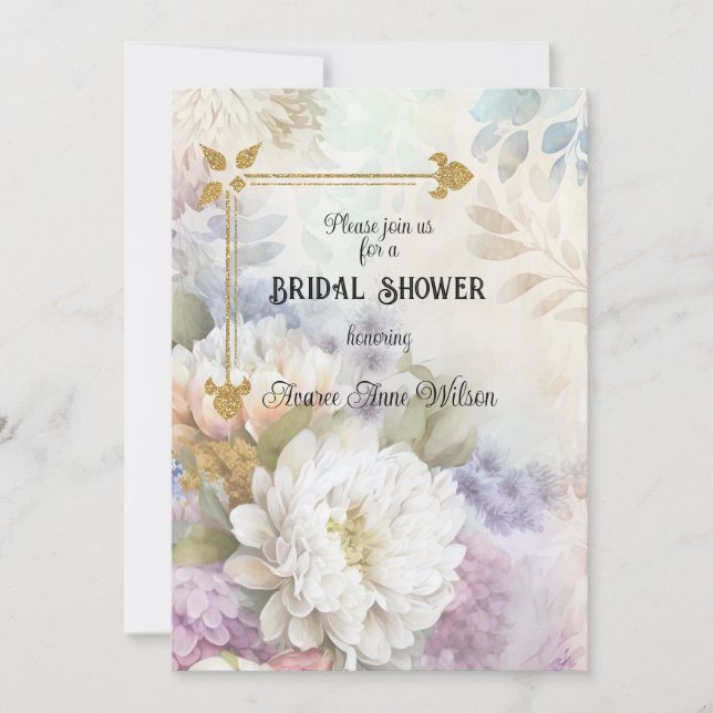 Invitación Dahlias blancas con acentos morados y azules (Anverso)