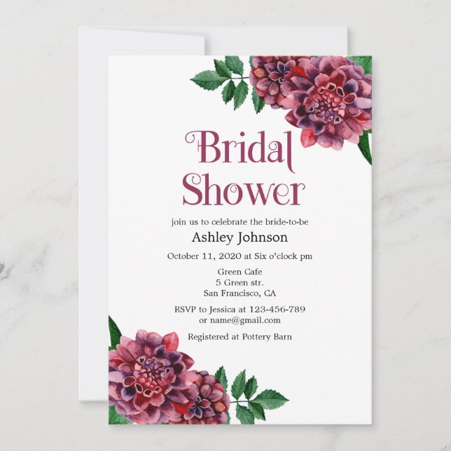 Invitación Dahlias invitan a la ducha de novias. Borgoña invi (Anverso)