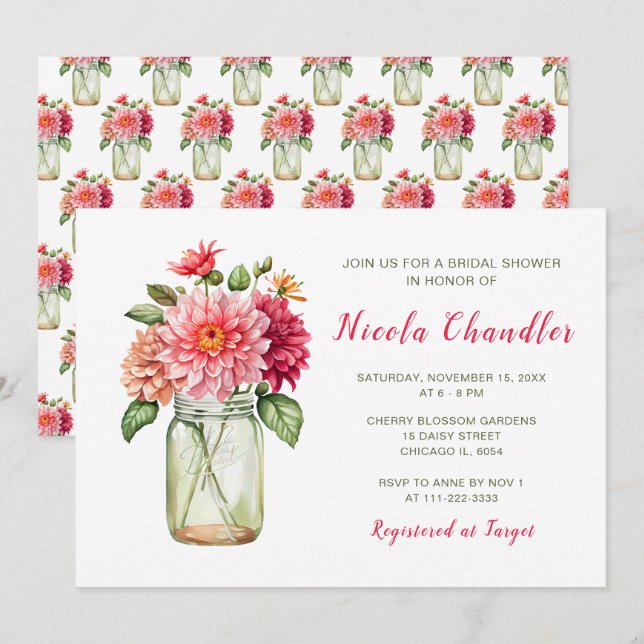 Invitación Dahlias rosadas Mason Jar Bridal Shower (Anverso / Reverso)