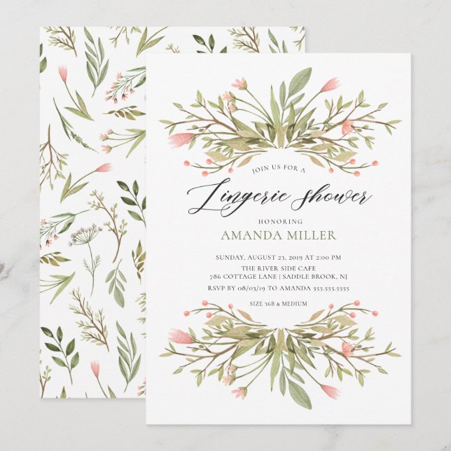 Invitación Dainty Pink Floral Greeneration Bridal Lingerie Sh (Anverso / Reverso)