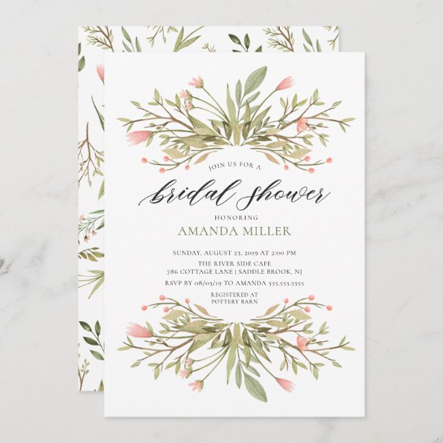 Invitación Dainty Pink Floral & Greenery Bridal Shower (Anverso / Reverso)