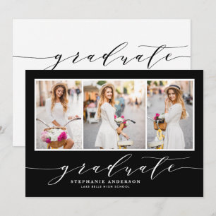 Invitación Dainty Script Tres Foto Partido de Graduación Negr