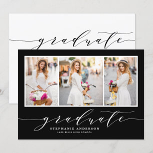 Invitación Dainty Script Tres Foto Partido de Graduación Negr