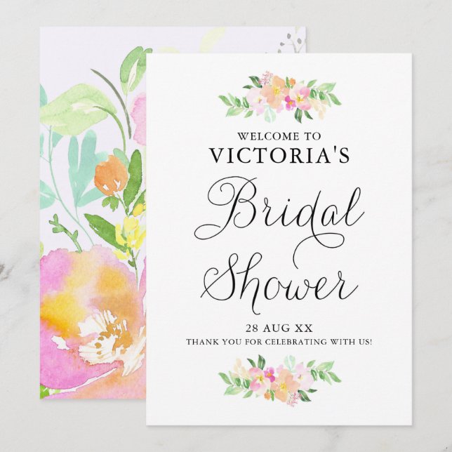 Invitación Dainty Watercolor Florals Bridal Shower Bienvenida (Anverso / Reverso)