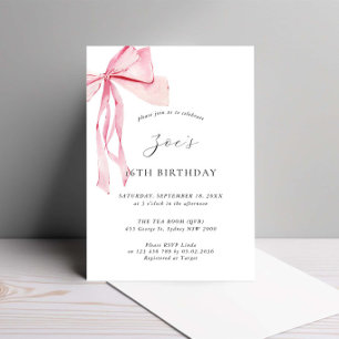 Invitación Dainty Watercolor Pink Bow 16º cumpleaños