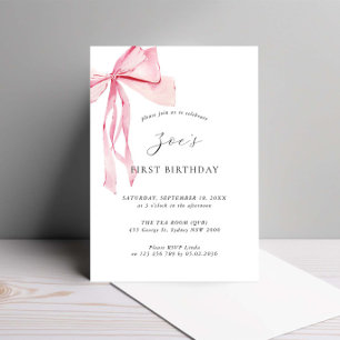 Invitación Dainty Watercolor Pink Bow Primer Cumpleaños
