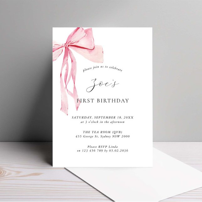 Invitación Dainty Watercolor Pink Bow Primer Cumpleaños (Subido por el creador)