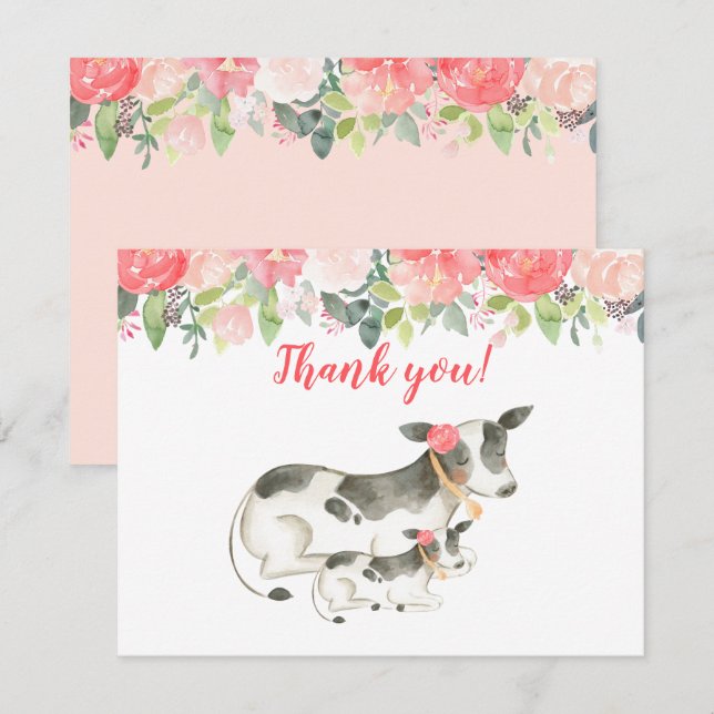 Invitación Dairy Cow Floral Peony Gracias notas (Anverso / Reverso)