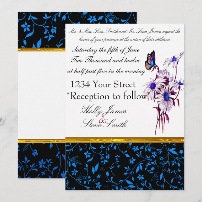 Invitación Daisias Azules Y Búferbol De Buen Gusto (Anverso / Reverso)