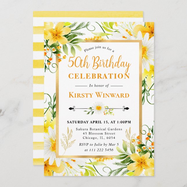 Invitación Daisies acuarelas y flores amarillas 50 cumpleaños (Anverso / Reverso)
