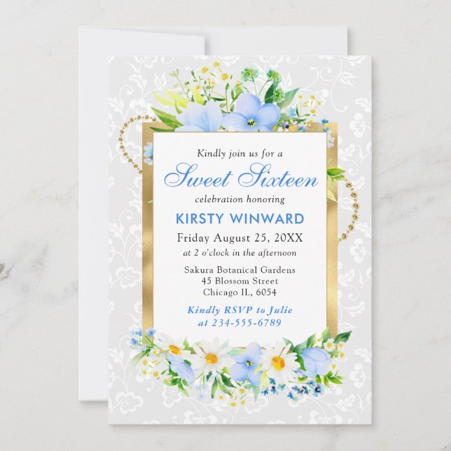 Invitación Daisies and Blue Summer Flowers Gold Foil Sweet 16 (Anverso)