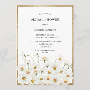 Invitación Daisies blancos acuarela floral dorada ducha de no