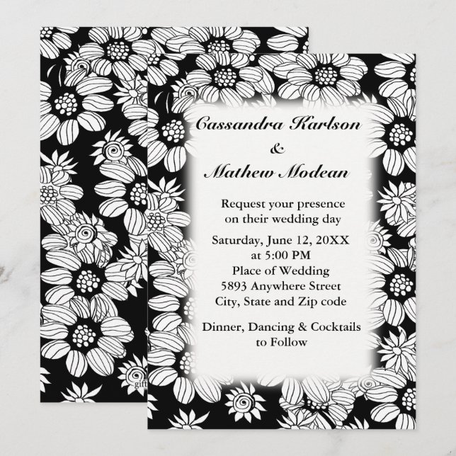 Invitación Daisies blancos con Boda de fondo negro (Anverso / Reverso)