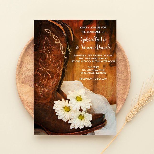 Invitación Daisies blancos y vaquero bota a Boda occidental (Subido por el creador)
