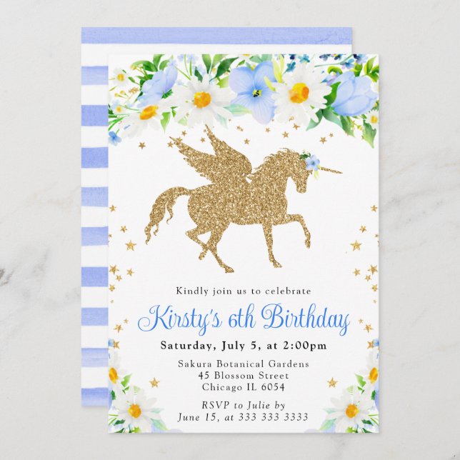 Invitación Daisies Blue Flowers Gold Unicorn Fiesta de Cumple (Anverso / Reverso)