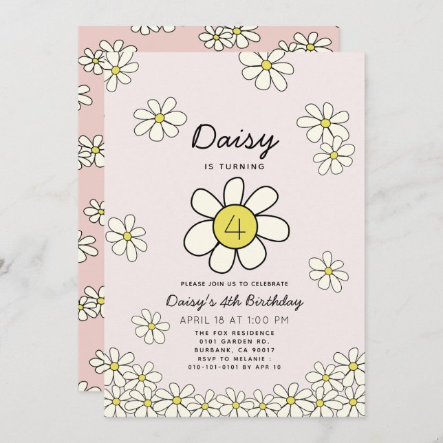Invitación Daisies Caídos Cumpleaños Floral Rosa (Anverso / Reverso)