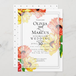 Invitación Daisies color agua amarillo y rojo Gerbera