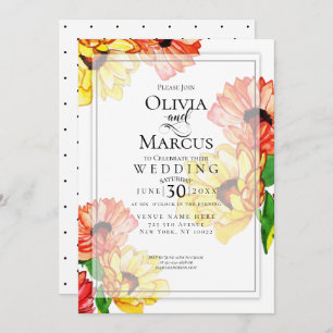 Invitación Daisies color agua amarillo y rojo Gerbera