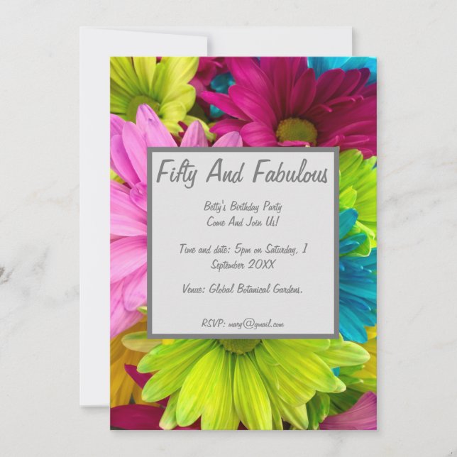 Invitación Daisies Coloridos Cincuenta Y Fabuloso Cumpleaños (Anverso)