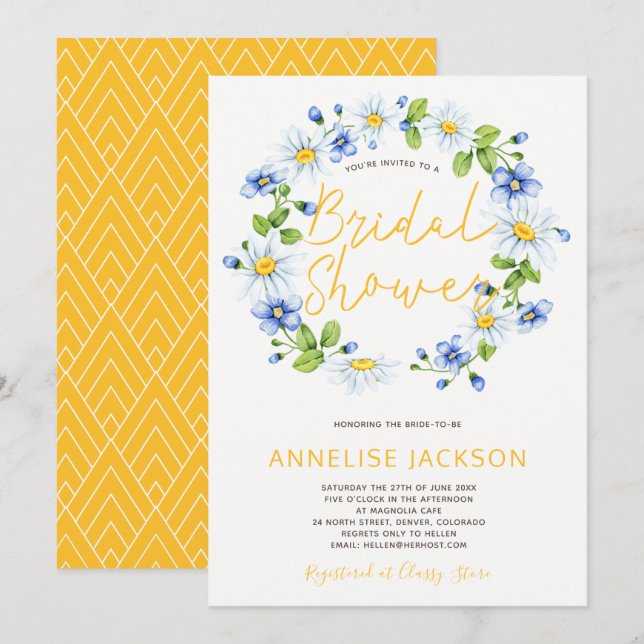 Invitación Daisies con ducha de novia azul amarilla (Anverso / Reverso)