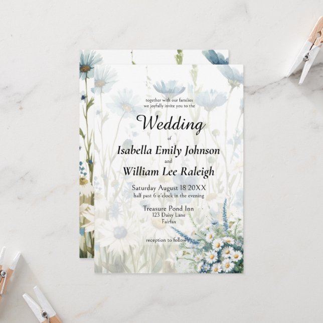 Invitación Daisies de moda y desvanecida boda campestre Denim (Anverso/Reverso In Situ)
