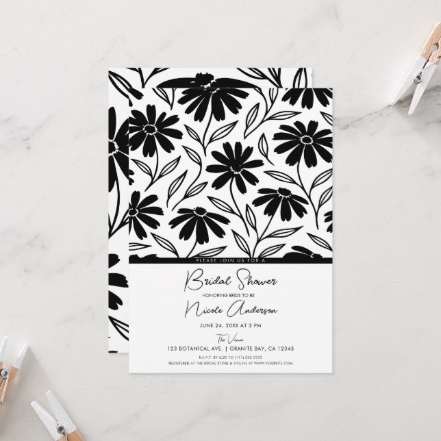 Invitación Daisies de Tinta Negra Ducha de Novia Boho (Anverso/Reverso In Situ)