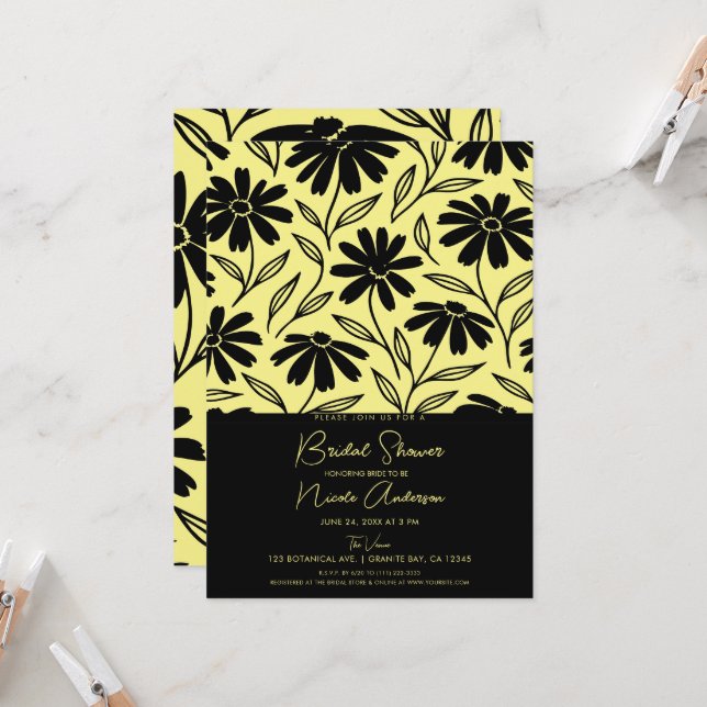 Invitación Daisies de tinta negra y ducha de novia Boho amari (Anverso/Reverso In Situ)