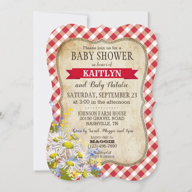 Invitación Daisies del país Red Gingham Check Baby Shower (Anverso)