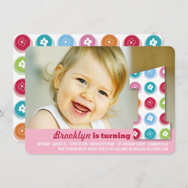 Invitación Daisies difusos en color puntos en primer cumpleañ (Anverso / Reverso)