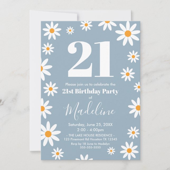 Invitación Daisies Dusty blue Birthday Party Invitation (Anverso)