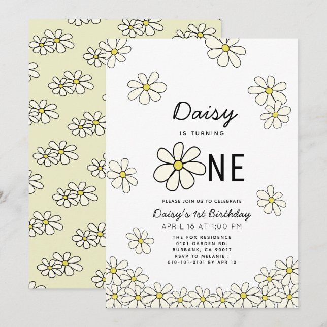 Invitación Daisies en caída Floral Blanca Primer cumpleaños (Anverso / Reverso)