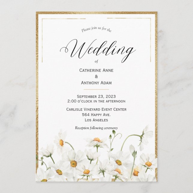 Invitación Daisies Floral Watercolor Gold Boda (Anverso)
