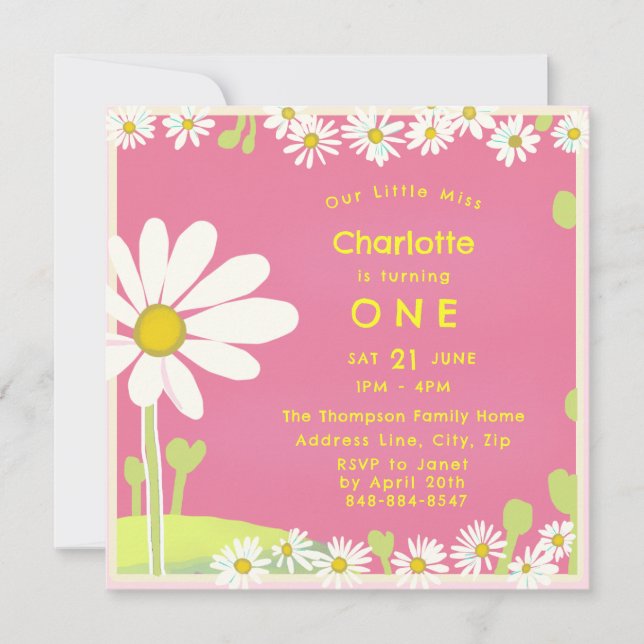 Invitación Daisies Girly Sweet Bubblegum Nacimiento Amarillo  (Anverso)