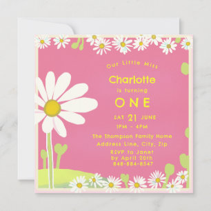 Invitación Daisies Girly Sweet Bubblegum Nacimiento Amarillo 