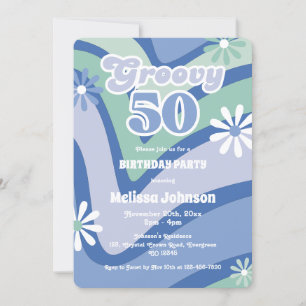 Invitación Daisies Groovy 50º cumpleaños azul